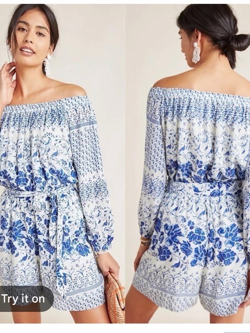 Anthropologie White and Blue Floral Off-Shoulder Romper Shorts